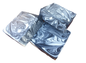 black and white swirled charcoal sandalwood soap