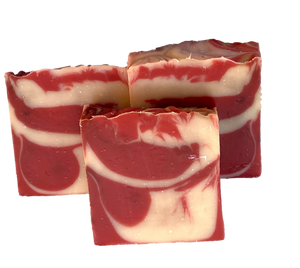 red and white swirled soap