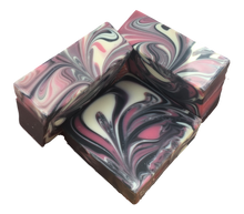 black, white and pink swirled black raspberry vanilla soap