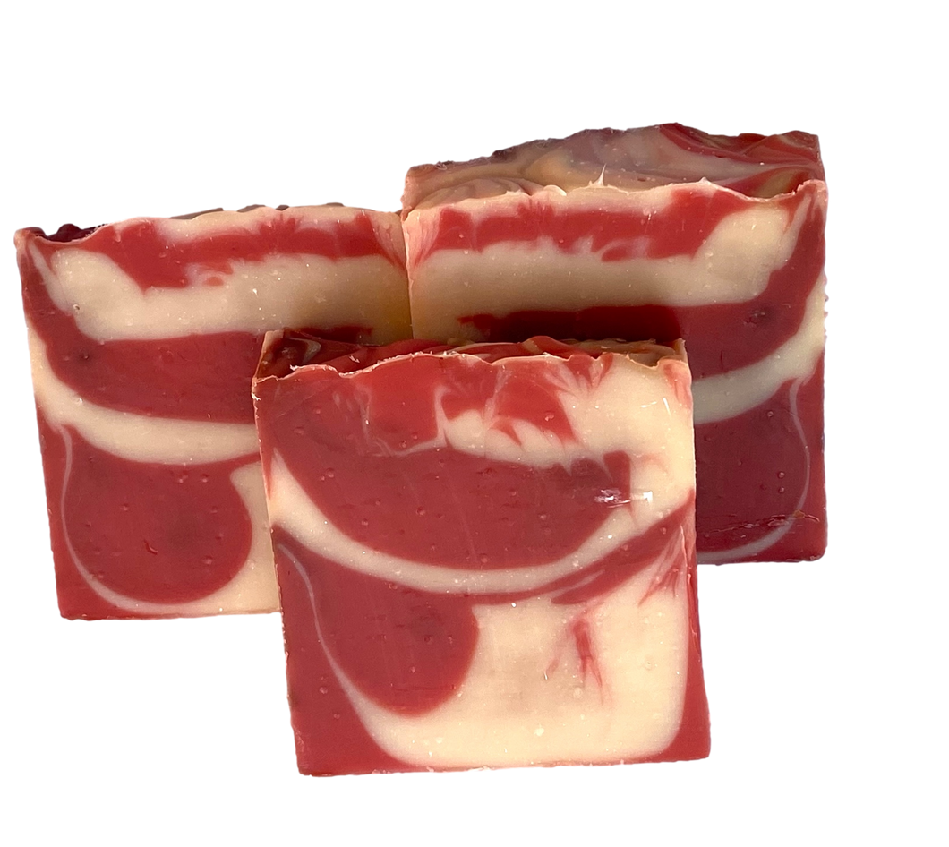 red and white swirled soap