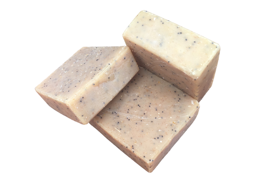 tan gardeners handscrub soap with poppy seeds and other exfoliants