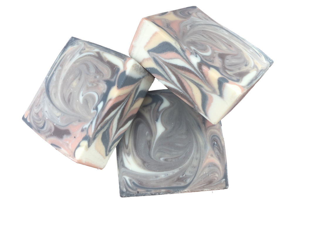 white, tan, brown & black swirled patchouli soap
