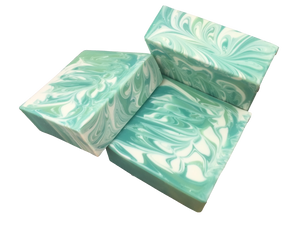 green and white swirled rosemary and spearmint soap