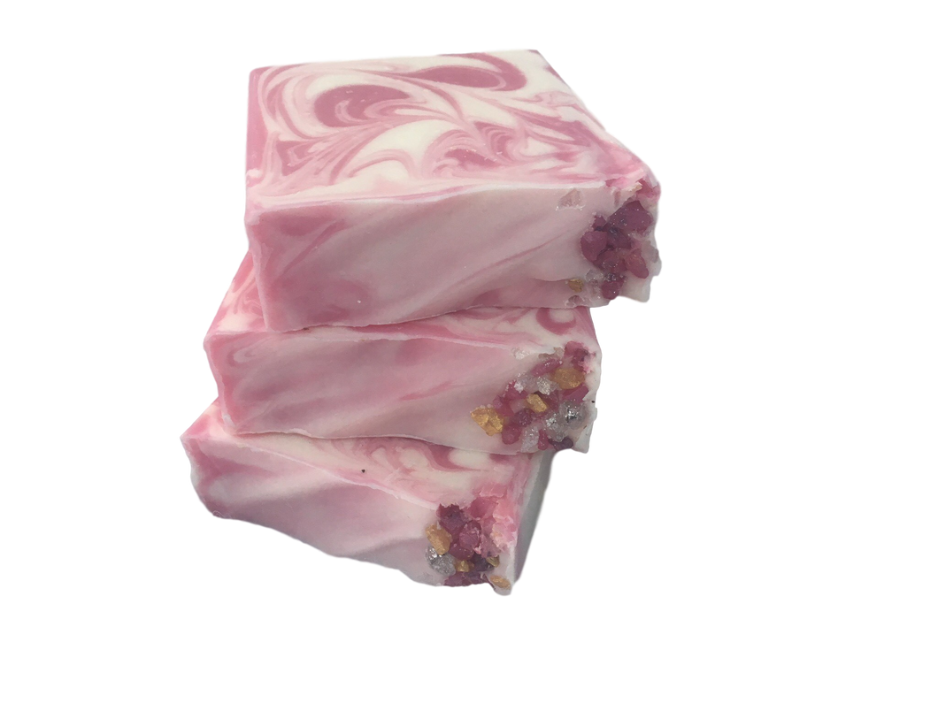 pink and white swirled rose quartz soap